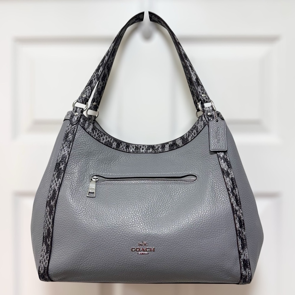 Coach Kristy Granite Grey Pebbled Leather Python Trim Shoulder Bag NWOT
